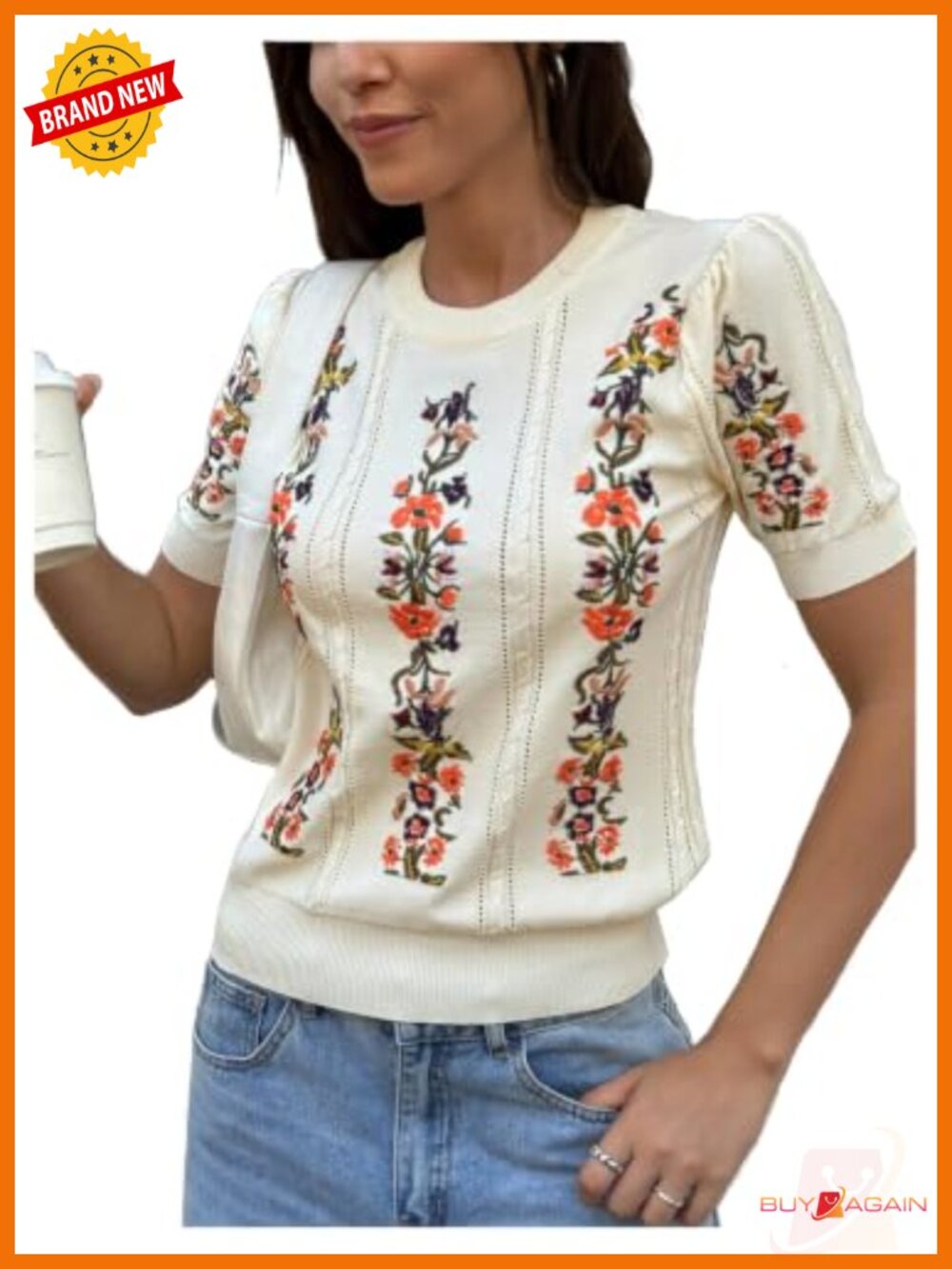 Women's Lightweight Floral Embroidered Cable Knit Sweater Pullover